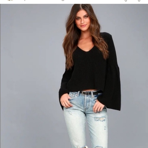 Free People Damsel Black Bell Sleeve Knit Sweater size medium - Picture 9 of 16